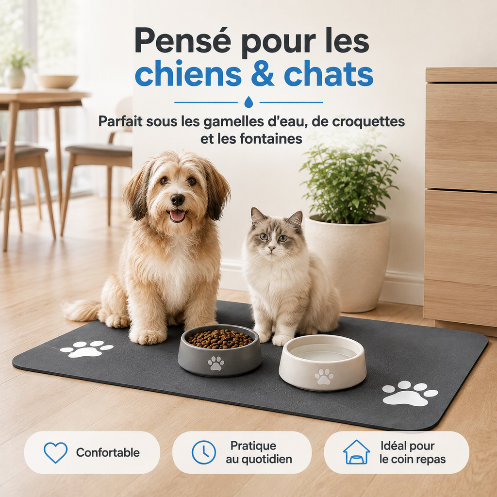 VELZIO AquaMat™ – Tapis Absorbant Antidérapant & Imperméable pour Gamelles Chien et Chat