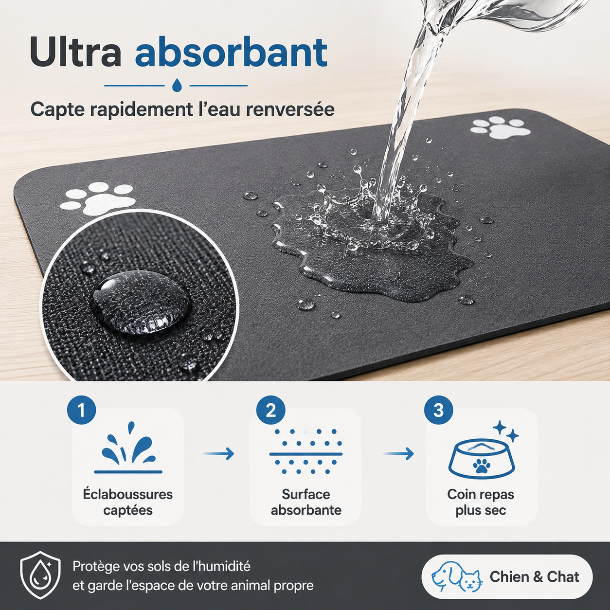 VELZIO AquaMat™ – Tapis Absorbant Antidérapant & Imperméable pour Gamelles Chien et Chat
