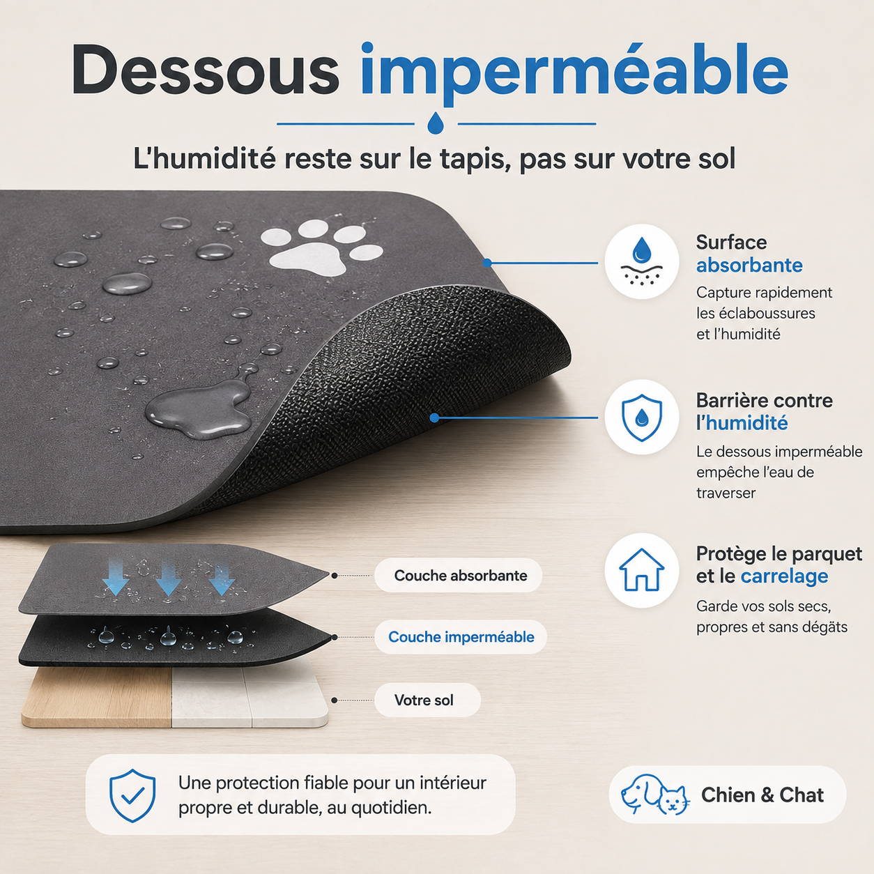 VELZIO AquaMat™ – Tapis Absorbant Antidérapant & Imperméable pour Gamelles Chien et Chat