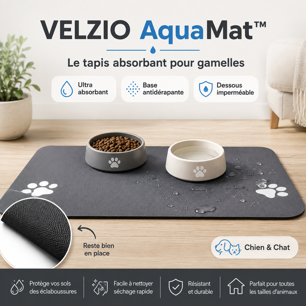 VELZIO AquaMat™ – Tapis Absorbant Antidérapant & Imperméable pour Gamelles Chien et Chat