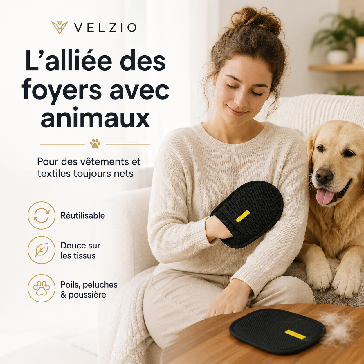 VELZIO FurClean™ Brosse anti-poils réutilisable pour chien & chat